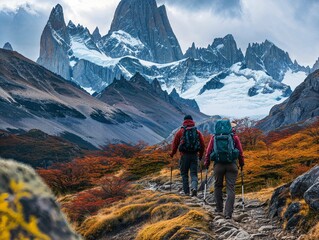Fototapeta na wymiar Adventurous Pair Hiking in Patagonian Mountains During Fall