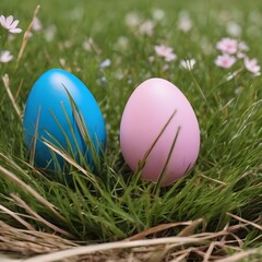 Fototapeta premium easter eggs in the distracted grass with blue and pink standard colour 
