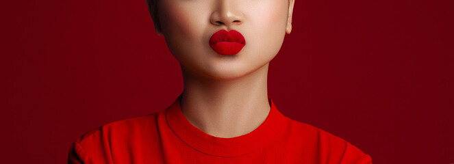 Send love. Blowing kiss lips. Valentine Day.  Fashion portrait of young korean model with red lips...