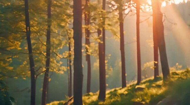 Mountain Sunrise in spring forest in the style of cinematography, beautiful composition, dynamic movement, shallow depth of field, subject in focus. Generative AI.