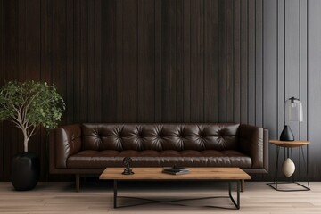 Mockup of living room with leather sofa and decor against wooden wall background. Generative AI