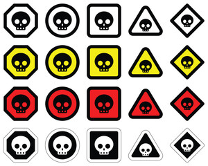 various different shapes and colors danger skull warning sign of caution hazard traffic toxic poison icon symbol vector flat badges emblems design for website mobile isolated on white Background