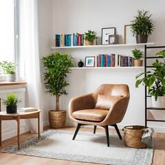 modern home small place with cozy one armchair and book shelve with books arranged in room. A Small plant pot. White walls. Full relaxing place