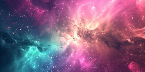 Interstellar nebula dust, with luminous particles and swirls in vibrant pink and turquoise