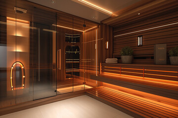 Modern and stylish design of an infrared sauna interior. - obrazy, fototapety, plakaty