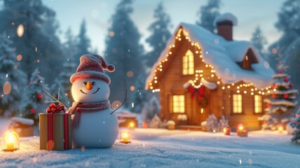 Christmas concept decorations in front farm house with a snowman