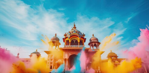 Temple in bright Holi colors, the concept of the Indian cultural festival. - obrazy, fototapety, plakaty