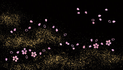 黒漆風の背景に螺鈿の桜と金箔砂子、和風の伝統工芸「蒔絵」のイメージ