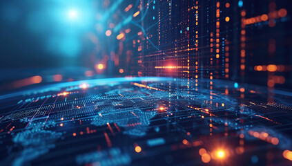 Digital circuit with glowing patterns. The concept of information technology.