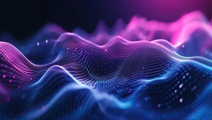 Abstract visualization of a digital sound wave with purple and pink hues. The concept of technology and digital art.