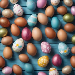 Fototapeta na wymiar Generative AI of tasty easter eggs on wooden blue table