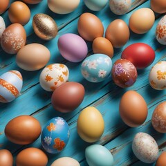 Generative AI of tasty easter eggs on wooden blue table