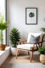 modern small place with cozy one armchair with table in veranda. A Small plant pot. White walls. Full relaxing place