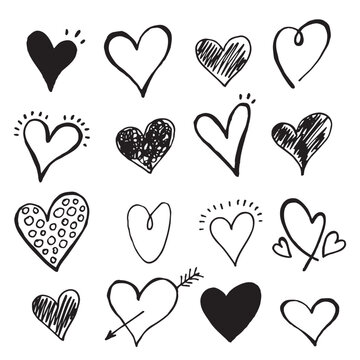 collection doodle set of hand drawn scribble hearts isolated on white background. Valentine card
