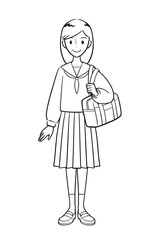 制服を着てスクールバッグを持つ女子中学生（線画）