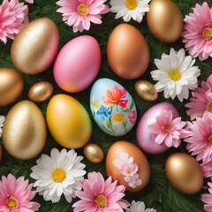 Obraz na płótnie Canvas Beautiful colourful floral design with easter eggs and pink and white flowers, easter backdround image,