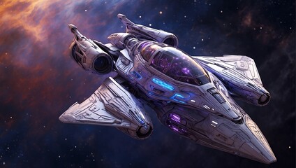 A celestial-infused starfighter glides through the vast cosmic expanse, its sleek silver hull shimmering with ethereal glows of blue and purple. 