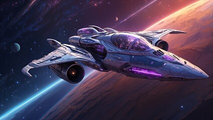 A celestial-infused starfighter glides through the vast cosmic expanse, its sleek silver hull shimmering with ethereal glows of blue and purple. 