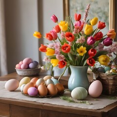 close up of spring flower arrangement and a vase filled with easter eggs on the table in the living room