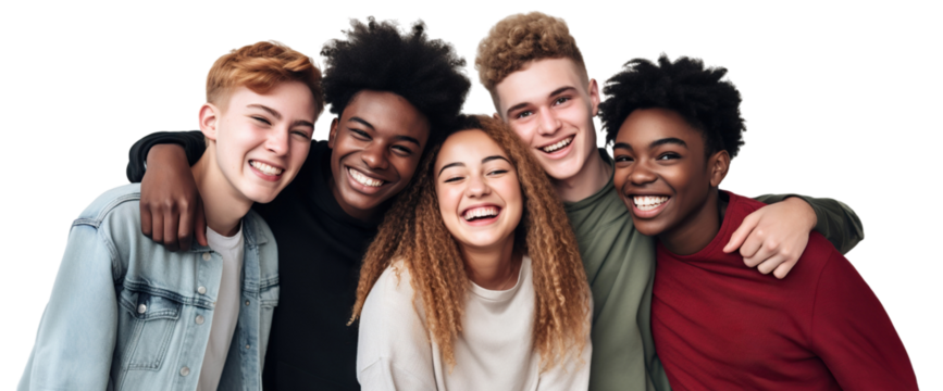 Hugging happy freshmen students of different nationalities, best friends, cut out. Multiracial concept - Powered by Adobe