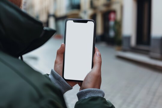 Mockup image of a woman's hands holding black mobile phone with white blank screen on the street