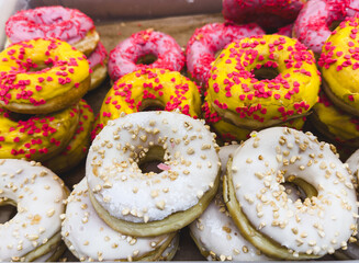 Sweet buns on a counter in a market