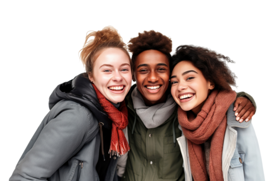 Hugging happy freshmen students of different nationalities, best friends, cut out. Multiracial concept