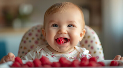 cute happy and healthy baby 7-8 months old eats raspberries while sitting in a highchair in the...