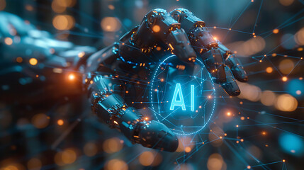 AI, Machine learning, Hands of robot and human touching on big data network connection background, Science and artificial intelligence technology, innovation and futuristic generative ai