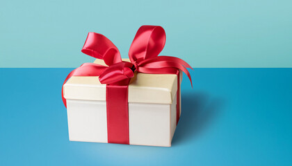 Obraz premium Gift box with colored ribbon on the desk, studio shot isolated light blue background