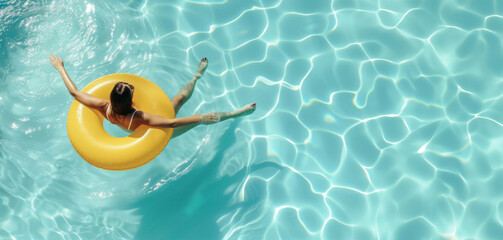 An overhead shot of a woman relaxing on a bright yellow float in the tranquil blue waters of a pool