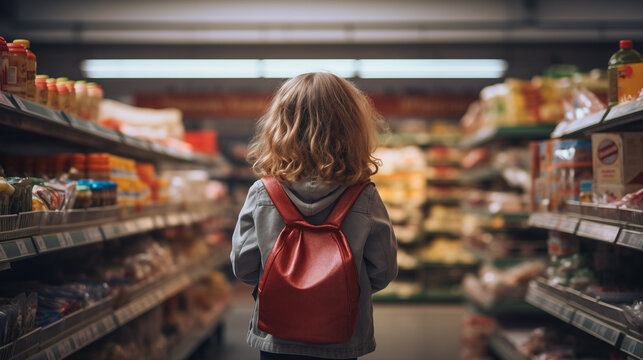 
A photograph of a young child shopping in a supermarket and purchasing food from the store