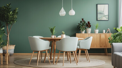 Mint color chairs at round wooden dining table in room. Generative AI