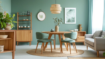 Mint color chairs at round wooden dining table in room. Generative AI