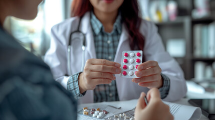 doctor is pointing to drug tablets and giving medicine to female patient at office healthcare, medical and pharmacy industry concept