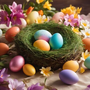 Beautiful colourful floral design with easter eggs and pink and white flowers, easter backdround image,