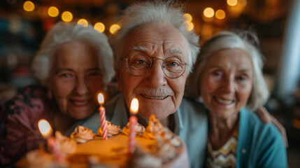 Obraz na płótnie Canvas happy senior people smile together celebrating birthday in retirement. party for old people