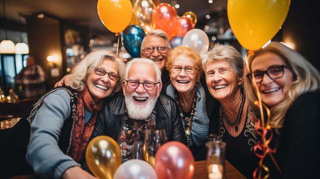 happy senior people smile together celebrating birthday in retirement. party for old people