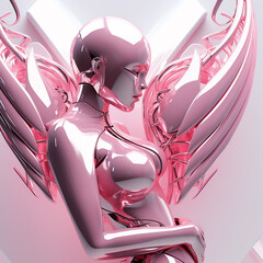 An abstract pink chrome angel with wings holding a pink heart