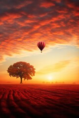 Tree and hot air balloon in the sunset sky.