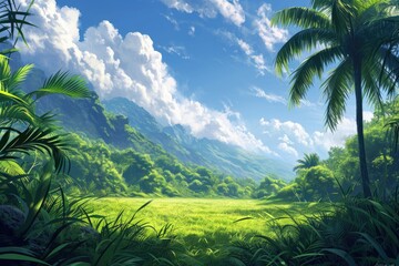 Fototapeta na wymiar Green meadow with coconut trees and blue sky.