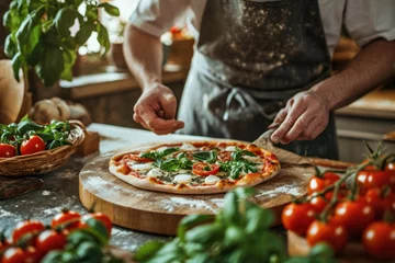 Fotobehang Chef preparing fresh homemade pizza with organic ingredients. Culinary arts and gastronomy. © Postproduction