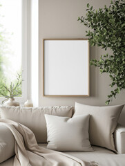A cozy nook with a neutral-toned couch adorned with soft pillows, beside a blank framed canvas ready for art