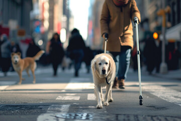Assistance dog guiding visually impaired man across city street. Guide animal service.