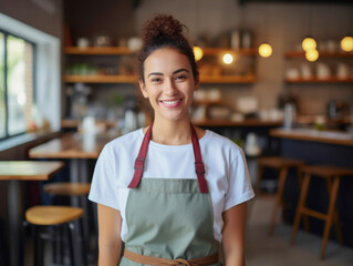 Portrait of a Happy Caucasian waitress stand in restaurant or Cafeteria and wearing Apron in the cafe.