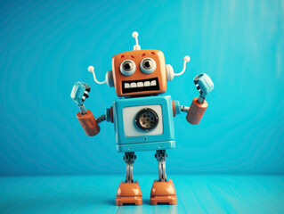 Fototapeta premium Smiling robot on blue background 