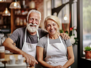 Fototapeta na wymiar Waitress senior man and woman work in cafeteria or restaurant. Business owner.