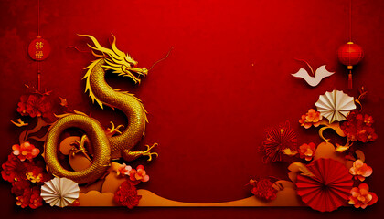 2024 Chinese New Year Banner: Abstract Art with Oriental Dragon and folding paper fans on red background. Lunar New Year Celebration Card Design