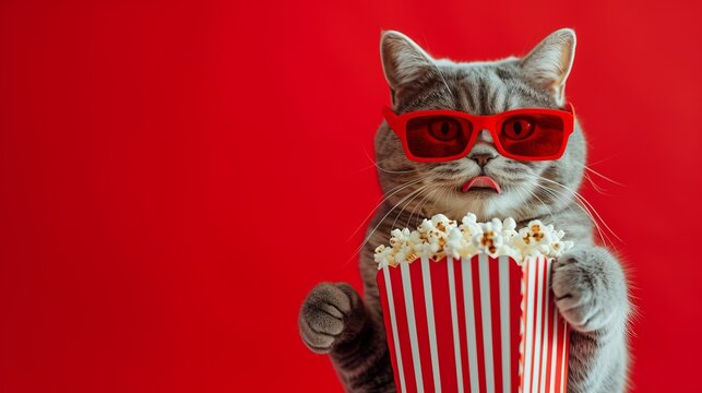 shorthair cat wearing red 3D glasses and holding a large tub of popcorn on a red background with copy space