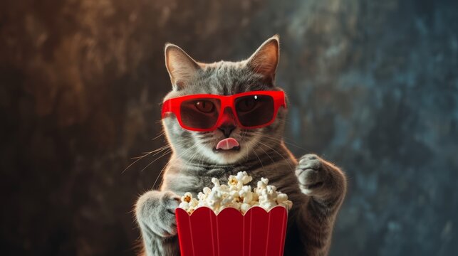 cat wearing red 3D glasses and holding a large tub of popcorn on a dark background with copy space
